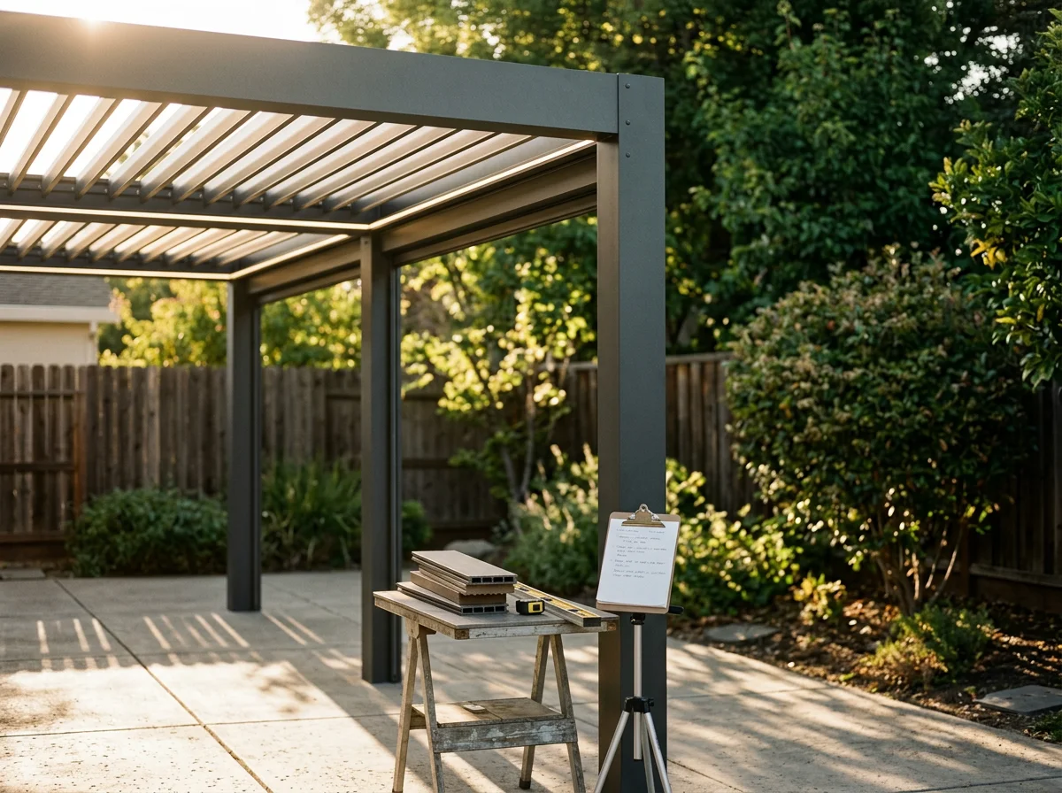 Outdoor patio structure with louvered roof system, showcasing construction quality and design detail.