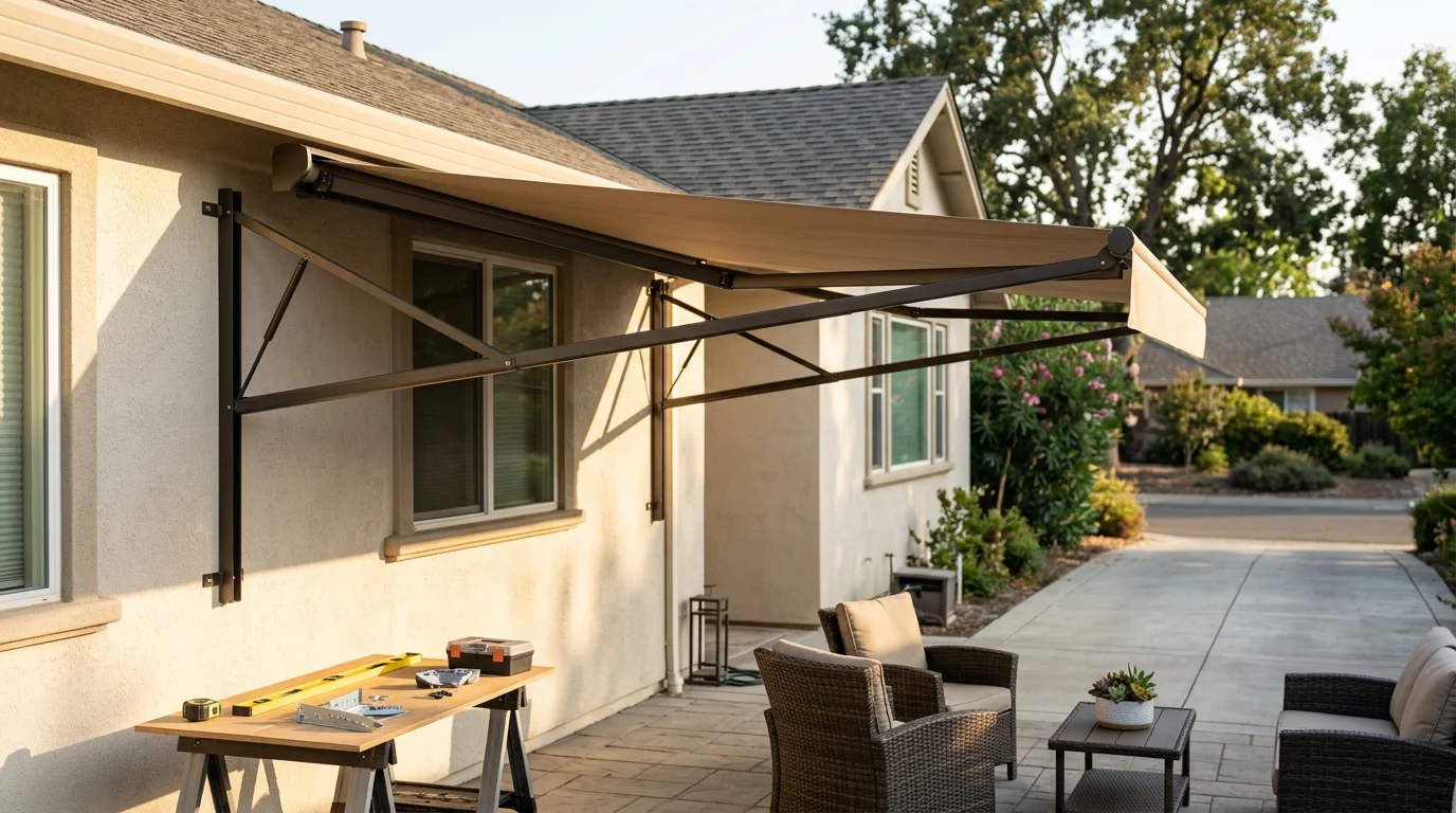 Custom awning installed over residential patio in Sacramento