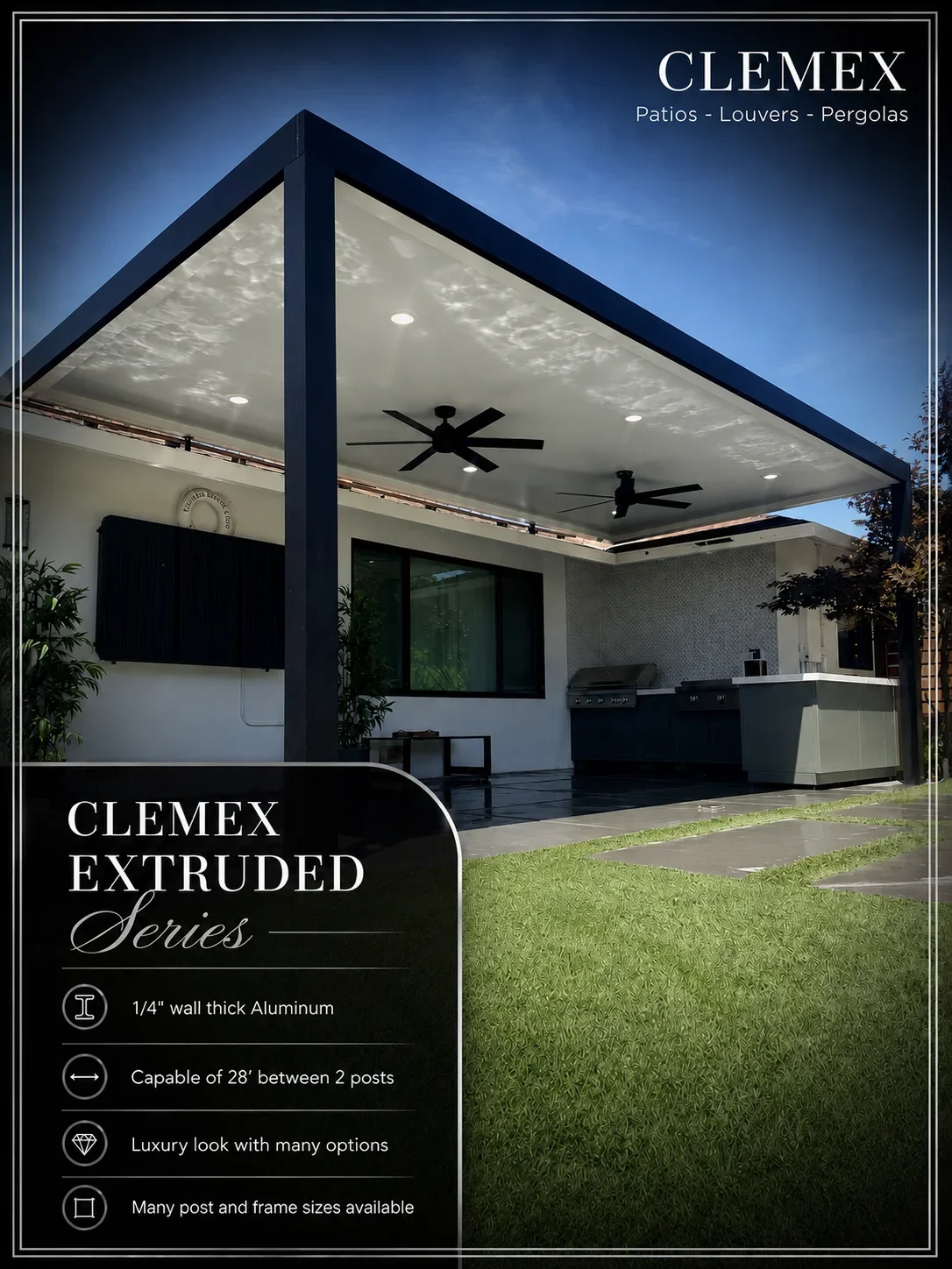 Black aluminum pergola with white ceiling, recessed lights, fans, and outdoor kitchen with grill