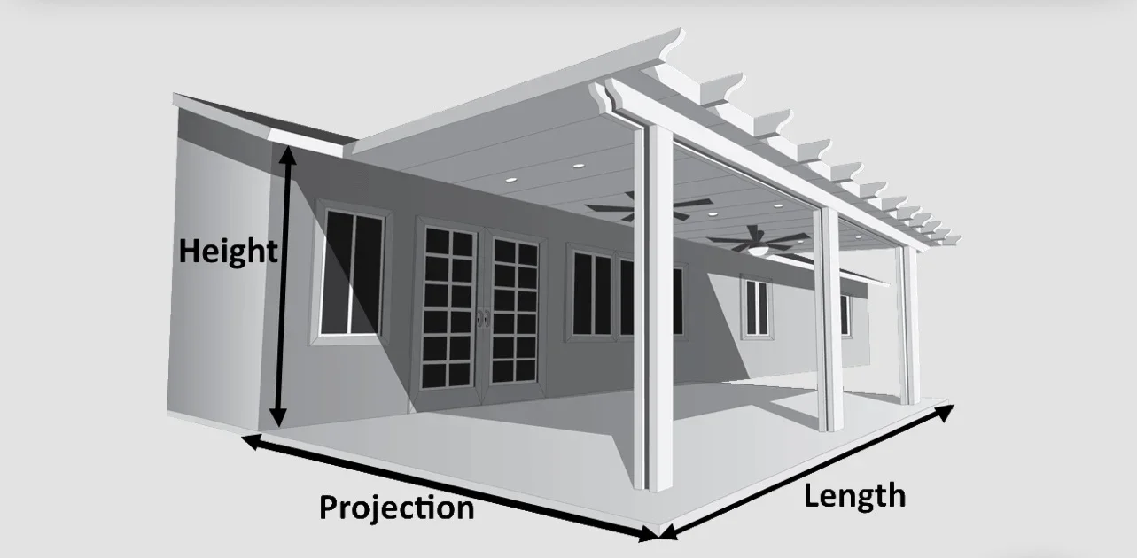 White aluminum pergola with lattice roof, recessed lights, and ceiling fans attached to home