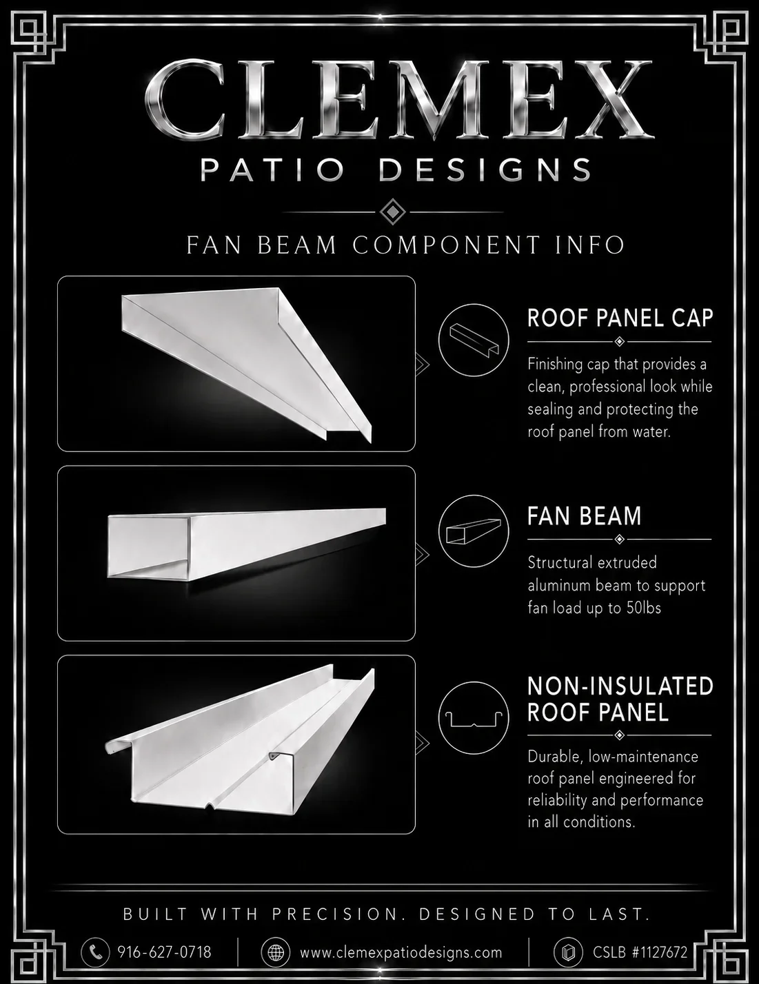 Aluminum fan beam components: roof panel cap, structural beam, and non-insulated roof panel assembly
