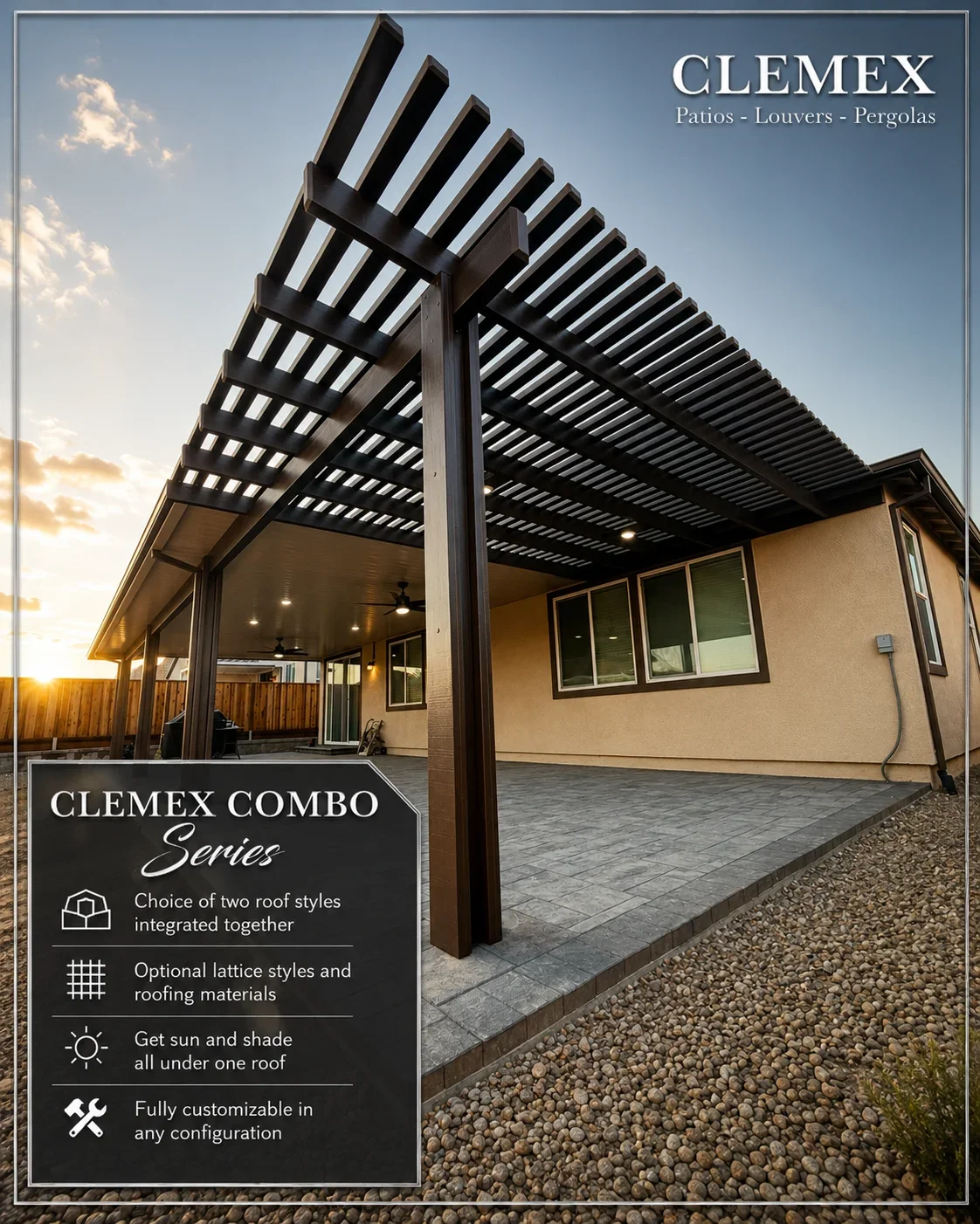 Black aluminum pergola with adjustable louvers over paved patio adjacent to brick home