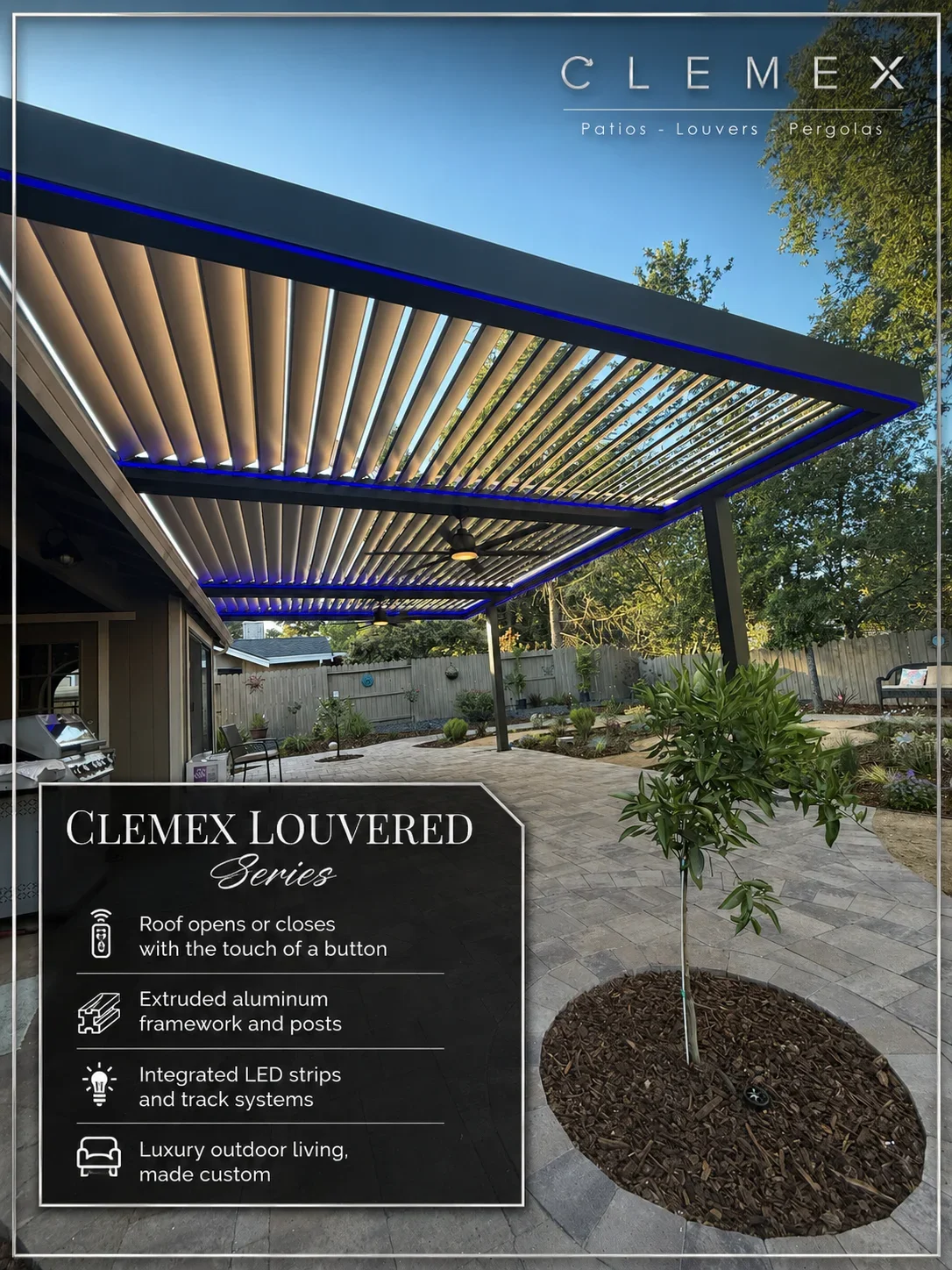 Motorized louvered pergola with aluminum frame, adjustable louvers, and integrated LED lighting over patio