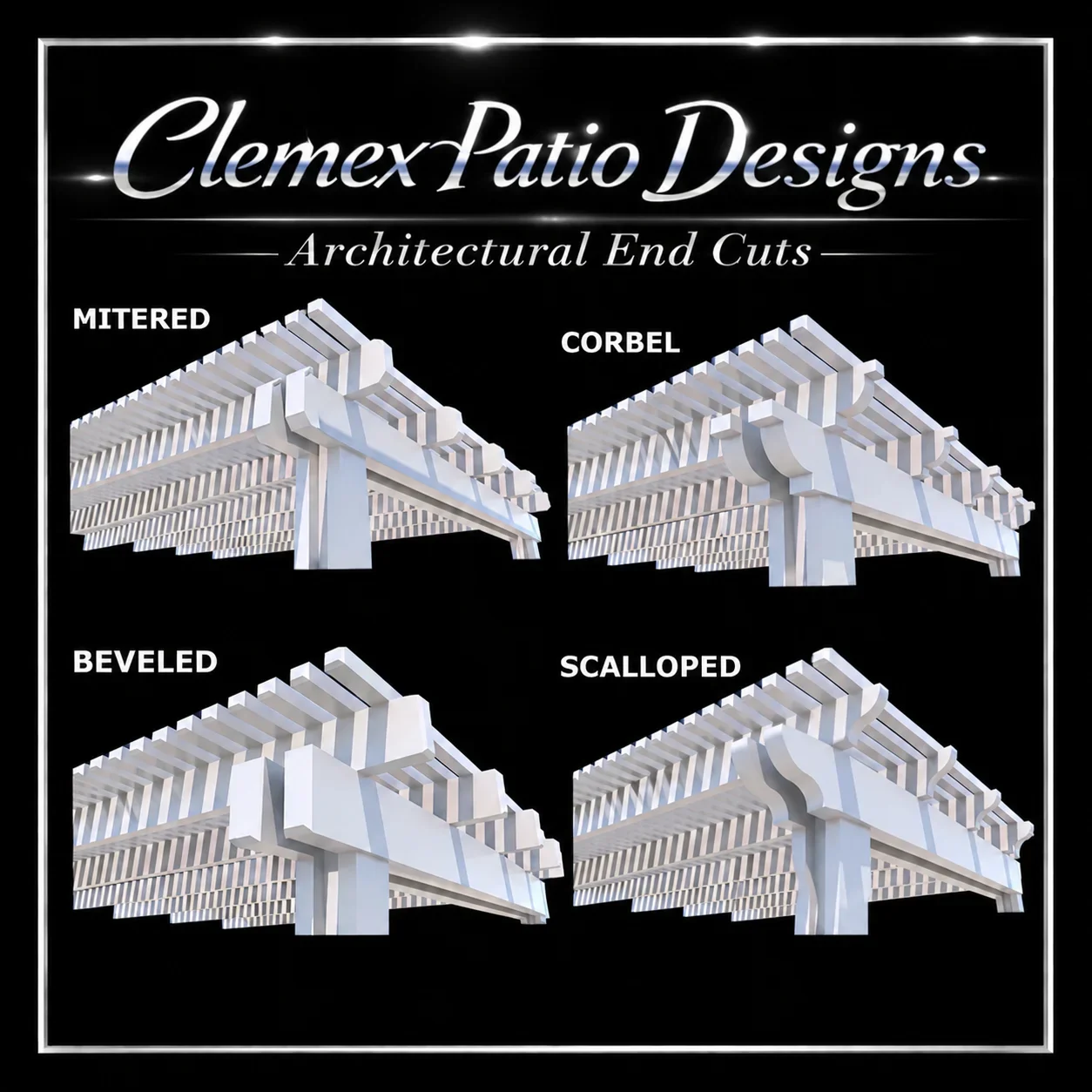 Four architectural end cut styles for gazebo beams: mitered, corbel, beveled, and scalloped profiles
