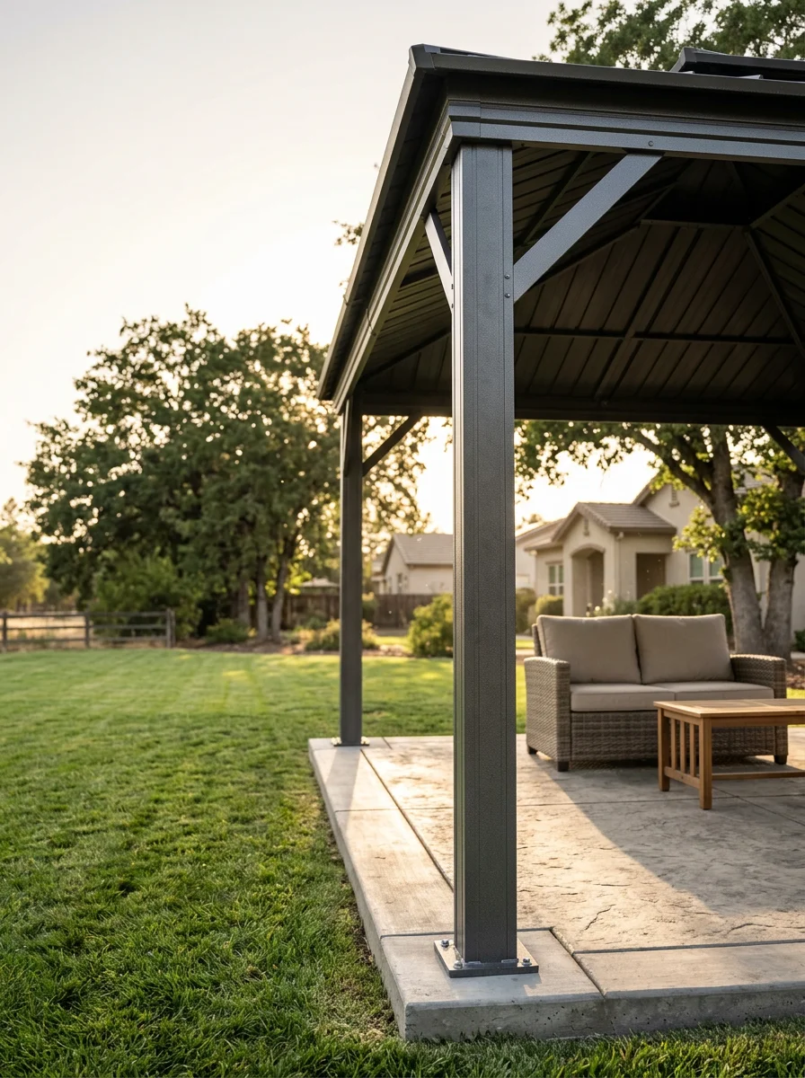 A freestanding gazebo on a large Brentwood residential lot in Prewett Ranch, with aluminum posts set into concrete footings and a solid roof panel providing full shade over an outdoor seating area.