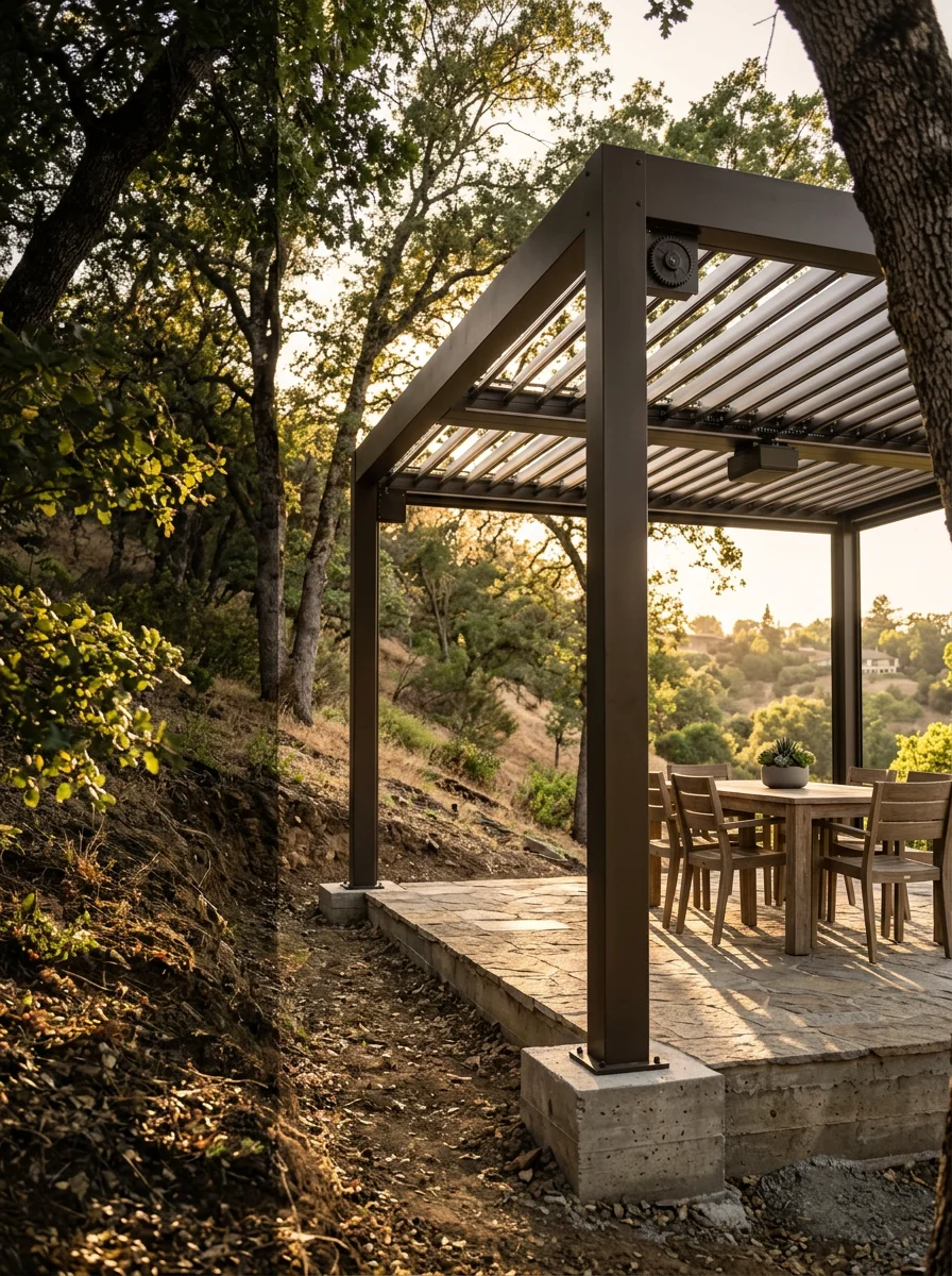 A freestanding gazebo on a sloped El Dorado Hills backyard, with leveled aluminum posts set into concrete footings and an adjustable louvered roof open above an outdoor dining area surrounded by oak trees.