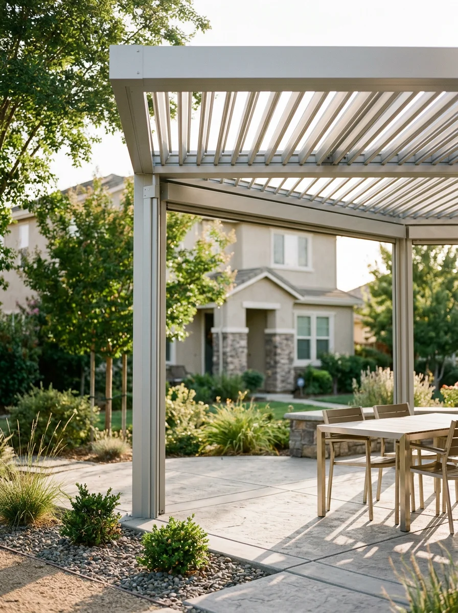 A louvered patio structure on an Elk Grove property in the Anatolia neighborhood, with adjustable aluminum roof panels in a neutral finish above a covered outdoor dining area on a warm summer afternoon.