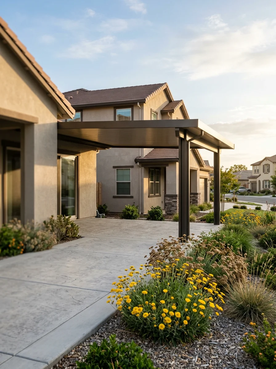 An attached solid aluminum patio cover on a two-story Folsom home in Empire Ranch, with a clean roofline connection and a large concrete patio below bordered by drought-tolerant landscaping.