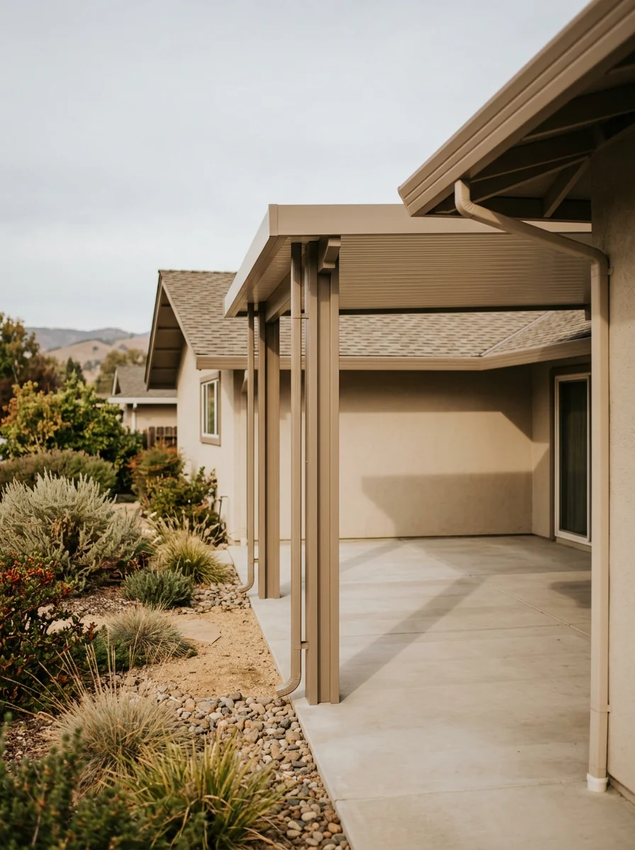 An attached solid patio cover on a 1960s single-story ranch home in Roseville, with painted aluminum beams matching the home's existing fascia color and a concrete slab below.