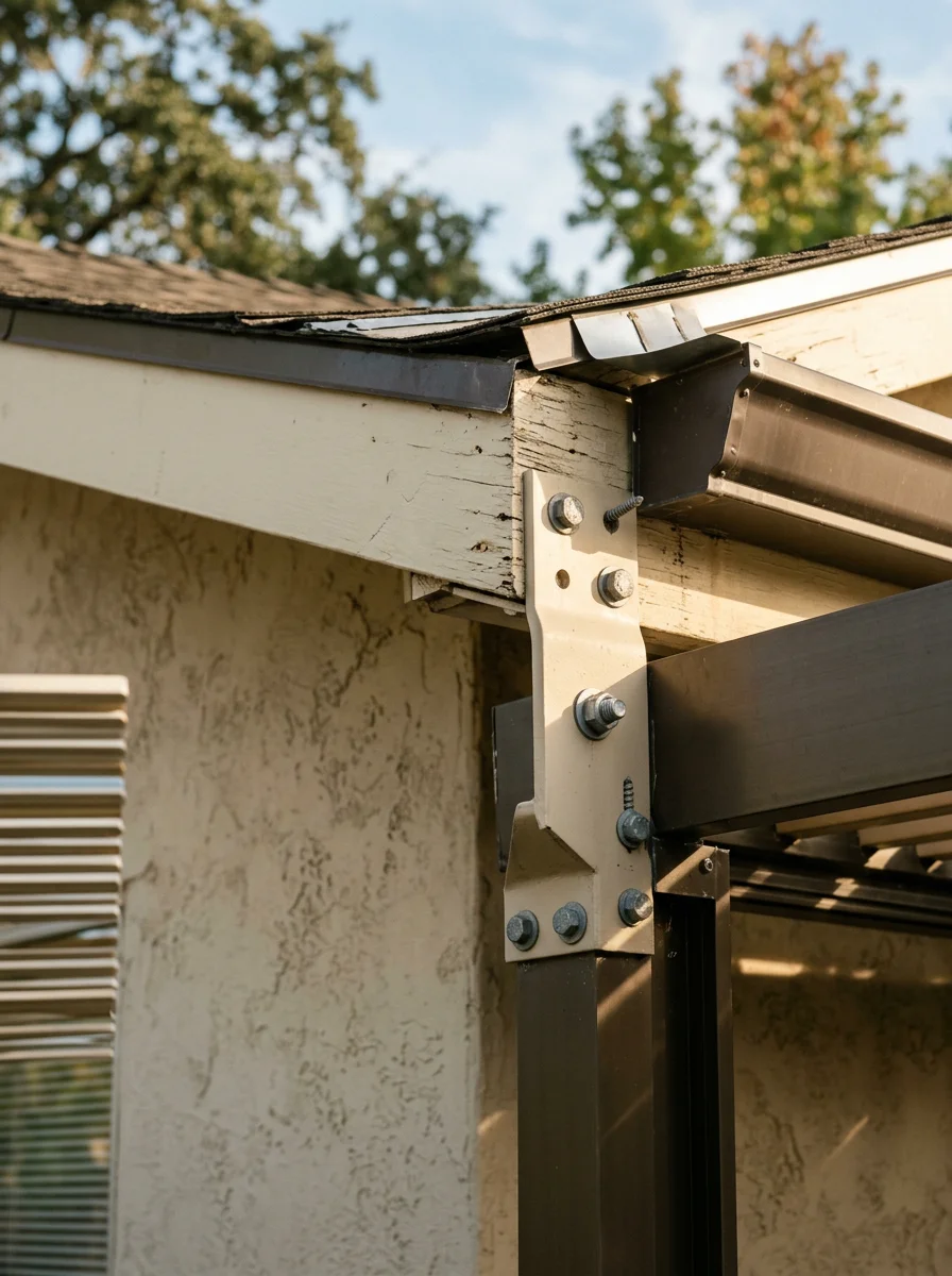 Close-up of an aluminum patio cover beam connection at the roofline of a 1970s ranch-style Sacramento home, showing the bracket attachment and painted finish matching the existing fascia.