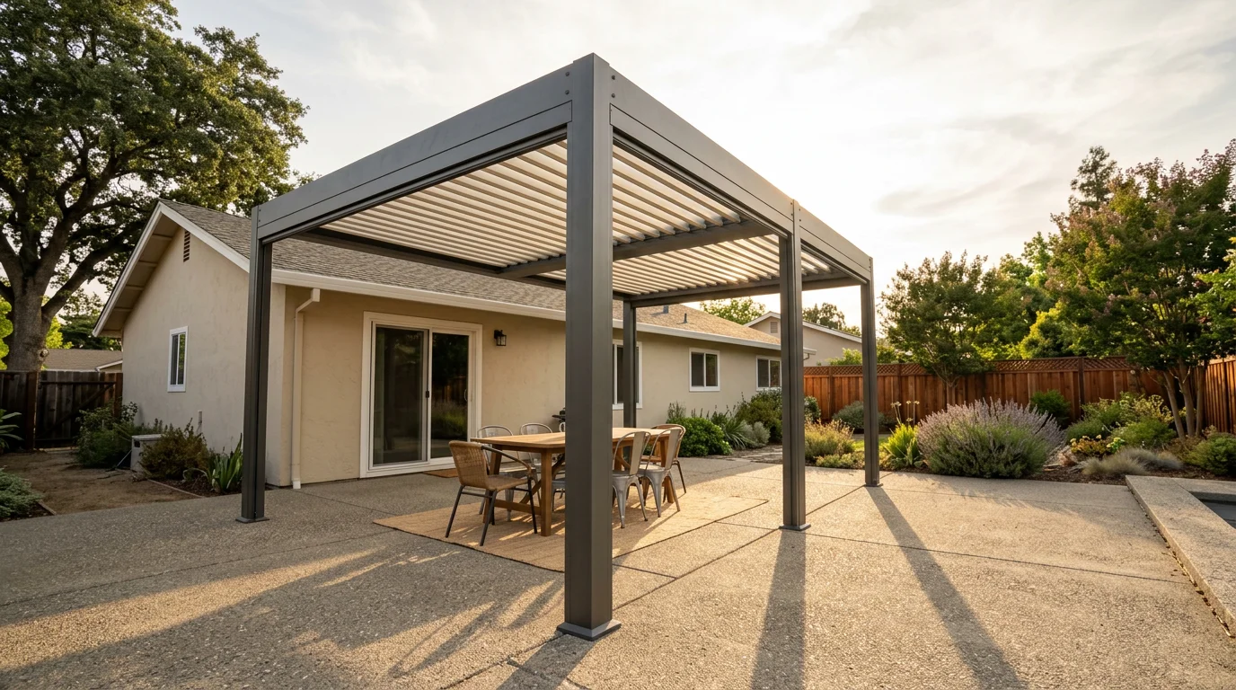 A custom louvered patio structure attached to a single-story Sacramento home, with adjustable aluminum roof panels open to let in afternoon light while shading the concrete patio below.