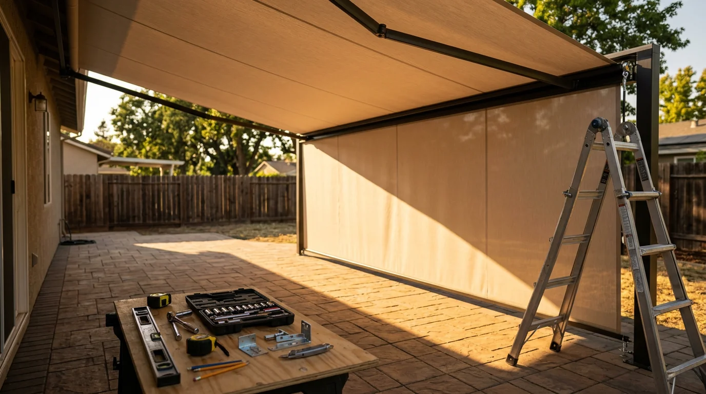 A custom awning installed on the back of a Sacramento-area home, extending over a patio seating area and casting full shade on a sunny afternoon. The awning is mounted flush to the exterior wall with a clean finish that matches the home's roofline.