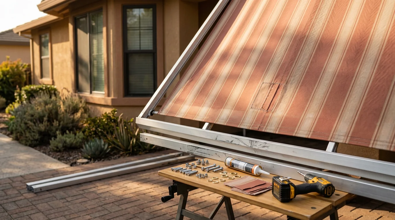 A repaired patio awning with restored acrylic fabric and realigned aluminum frame on a Sacramento-area home. The awning is fully extended over an outdoor patio, showing clean seams and even tension across the canopy.