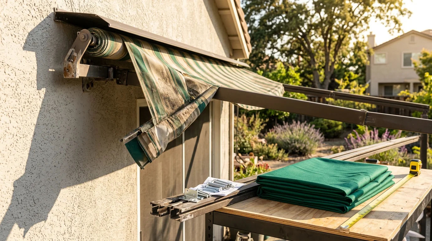 A freshly replaced patio awning on a Sacramento-area home, showing taut, clean fabric providing full shade coverage over an outdoor seating area. The awning frame is securely mounted to the exterior wall with the fabric free of tears, fading, or sagging.