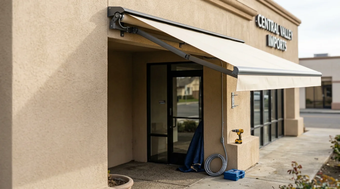 A custom commercial awning installed over a storefront entrance in Sacramento, California, providing shade coverage along the building facade on a sunny day. The awning is mounted flush to the exterior wall with clean lines suited to a commercial property.