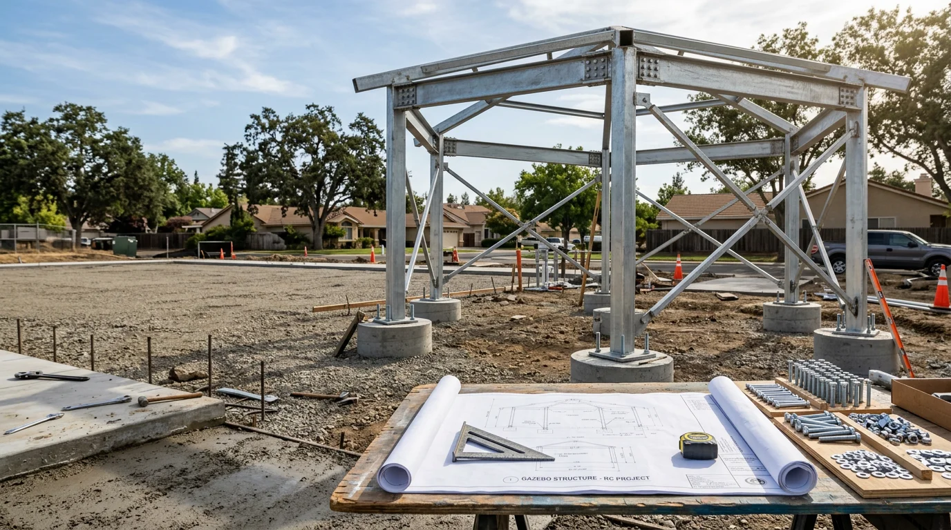A completed commercial gazebo built by Clemex Patio Designs on a Sacramento-area commercial property, featuring a solid roof structure, heavy-grade posts set in concrete footings, and an open-sided design suited for outdoor customer use.