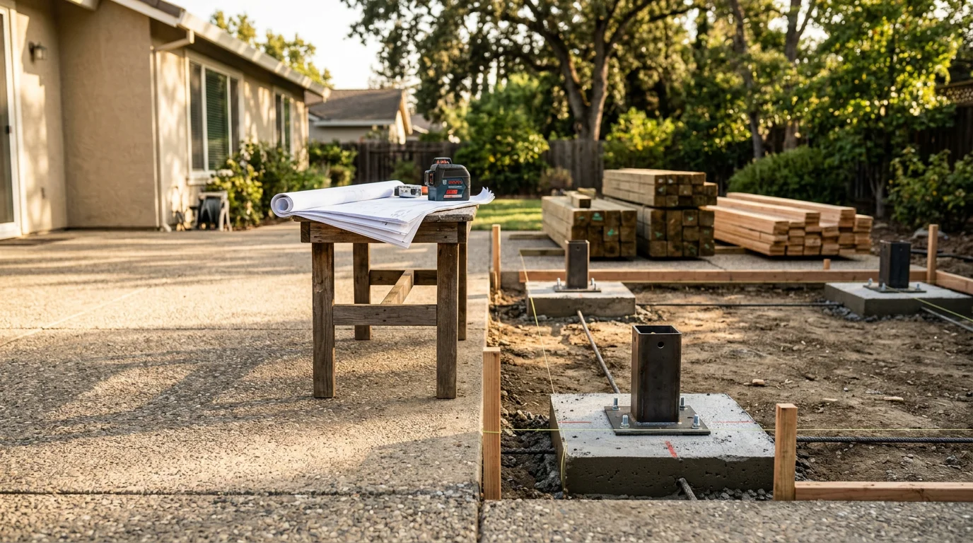 A custom-designed gazebo with a hexagonal roof and built-in bench seating installed in a Sacramento backyard, surrounded by a landscaped patio and viewed on a clear California afternoon. The structure features clean post lines and a pitched roof suited to the local Central Valley climate.