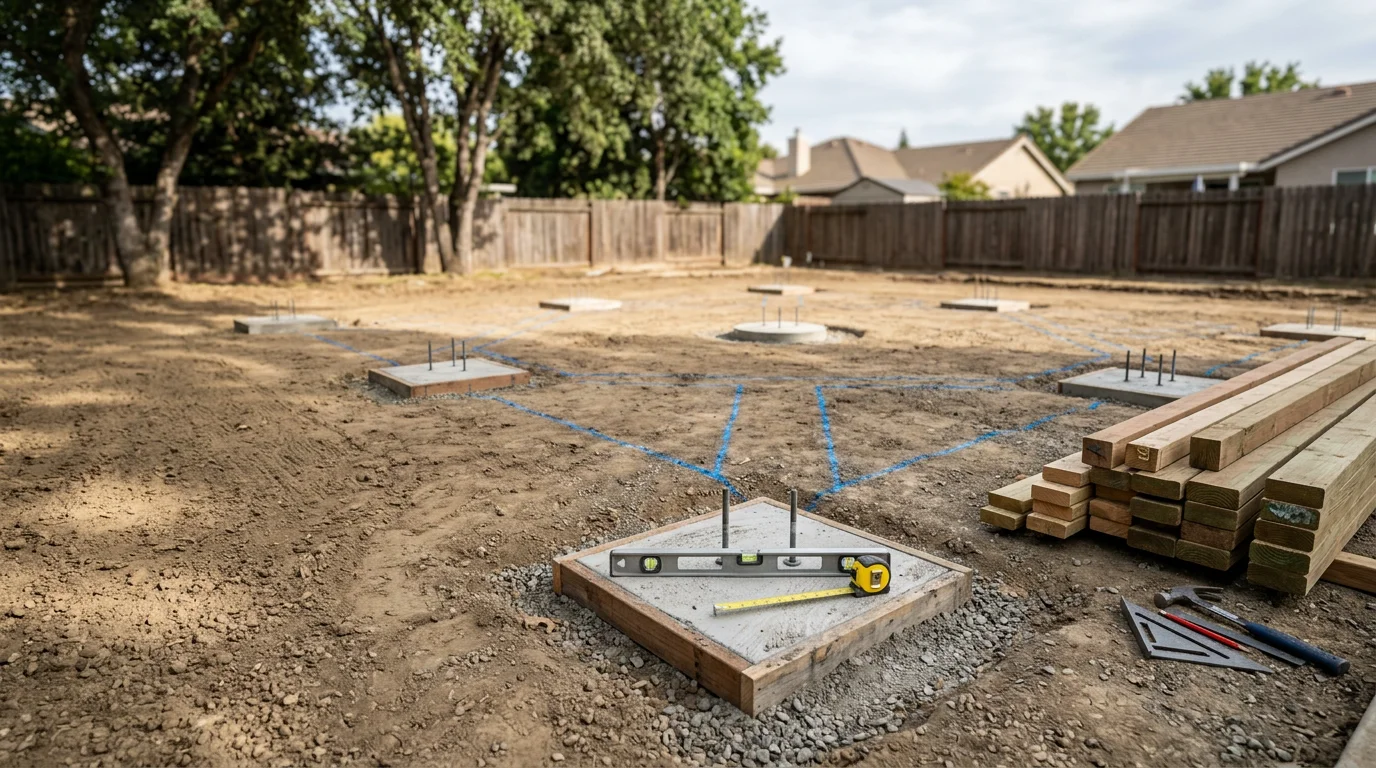 A finished wood-frame octagonal gazebo installed in a Sacramento backyard, with concrete footings visible at the base of each post and a clear view of the surrounding residential yard. The structure sits level on prepared ground with clean post connections and a complete roof.