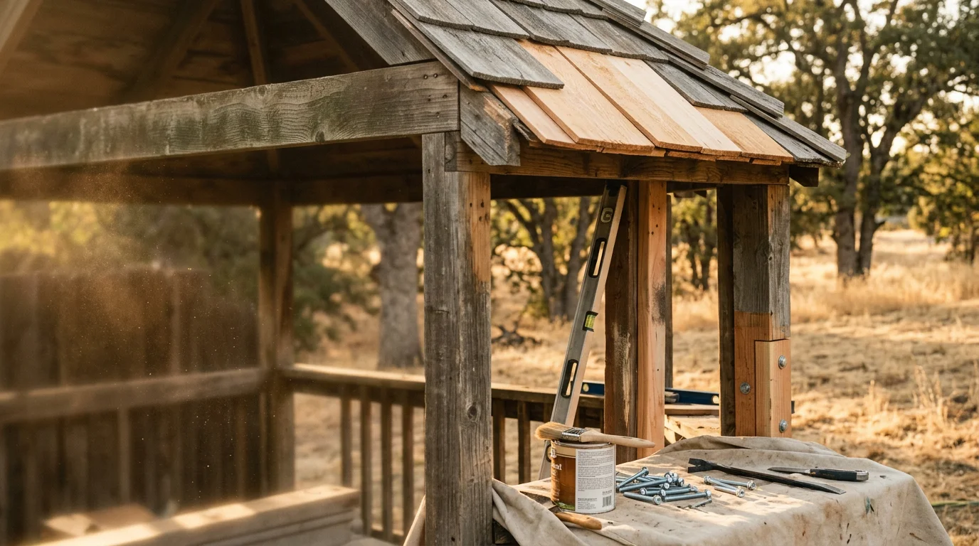 A repaired wood gazebo in a Sacramento backyard with restored support posts, solid roof framing, and finished railings. The structure shows no visible rot or damage after professional gazebo repair work by Clemex Patio Designs.