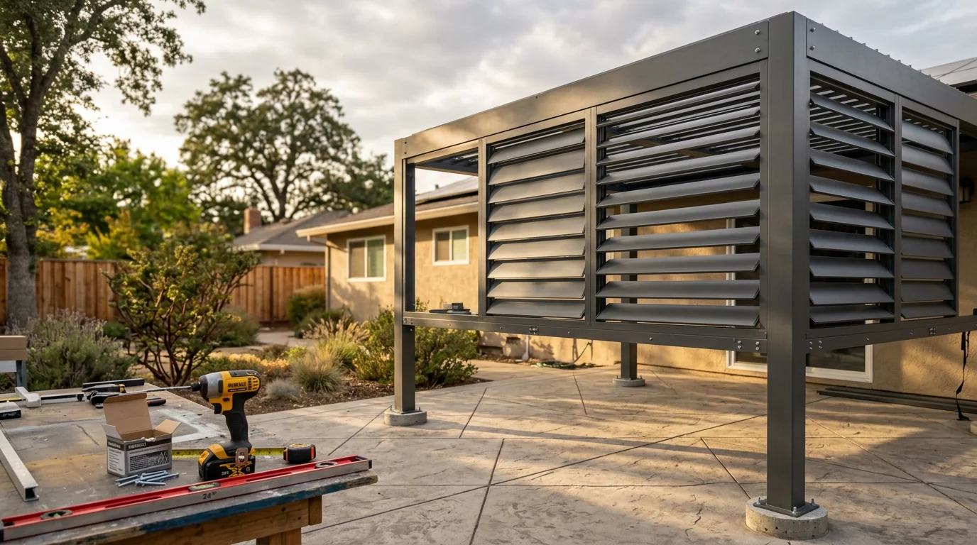 A custom louvered patio structure installed on the back of a Sacramento-area home, with adjustable blades angled to provide afternoon shade over an outdoor seating area. The structure is attached to the house and extends over a concrete patio with outdoor furniture visible below.