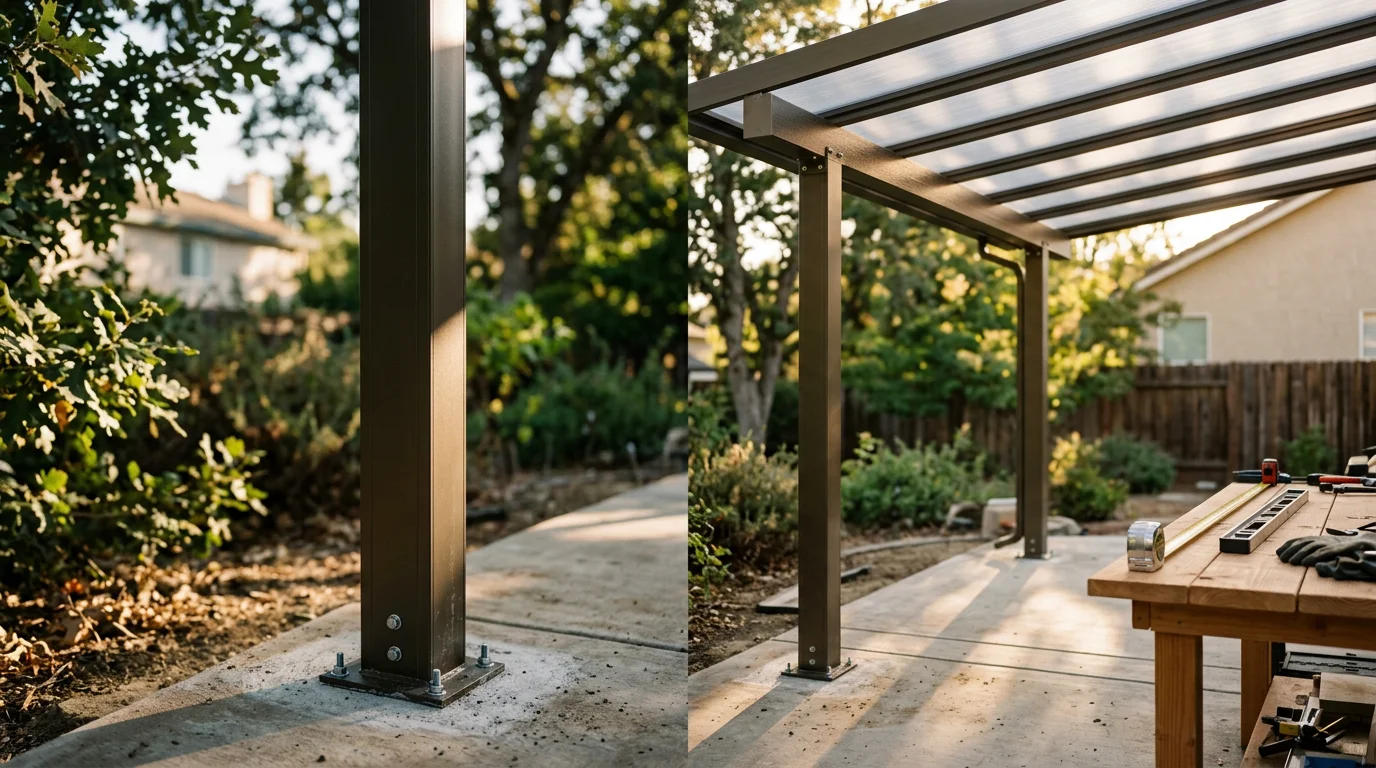 A custom patio cover installed on the back of a Sacramento-area home, featuring a solid aluminum roof structure attached to the house exterior with a concrete patio base below. The covered outdoor space includes open seating area shaded from the afternoon sun.