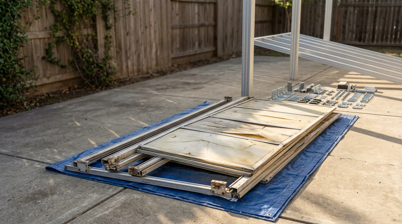 A newly replaced patio cover on a Sacramento-area home, showing a clean attached structure over a backyard patio with the old cover removed and fresh construction in place.