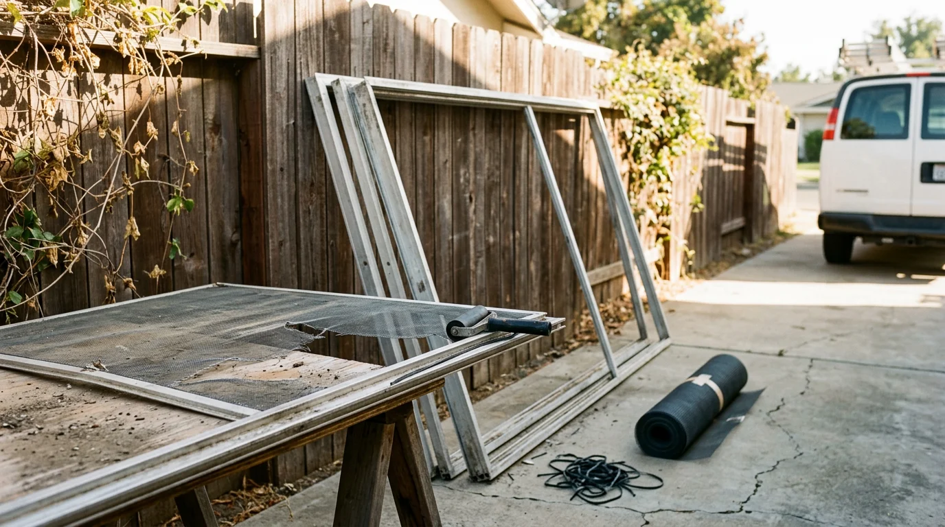 A repaired patio enclosure on a Sacramento-area home showing tight, clean mesh panels and a properly aligned screen door. The structure sits in a residential backyard under clear Central Valley skies.