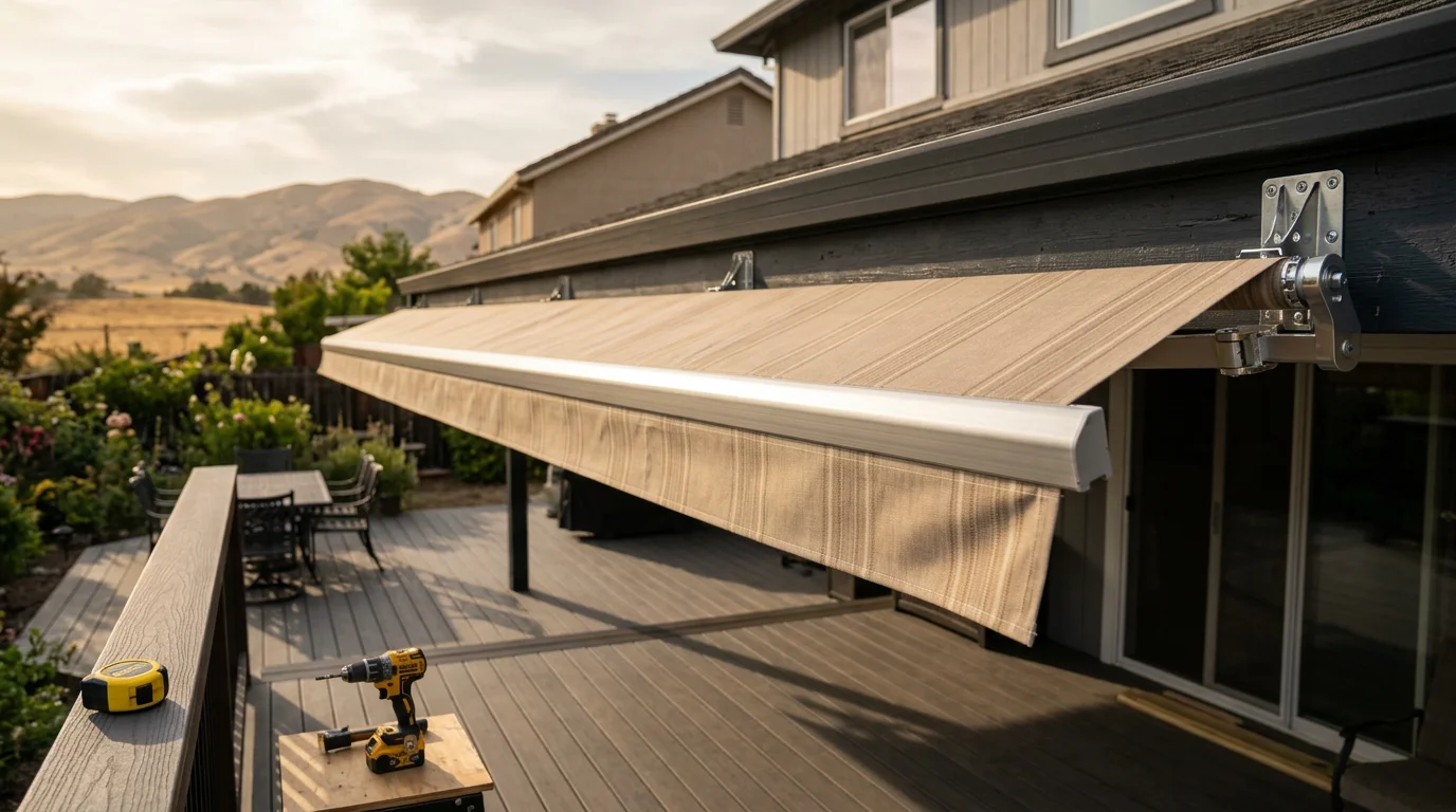 A custom residential awning installed over a Sacramento home's back patio, providing full shade coverage on a sunny afternoon. The structure extends from the rear exterior wall and covers an outdoor seating area surrounded by a landscaped yard.