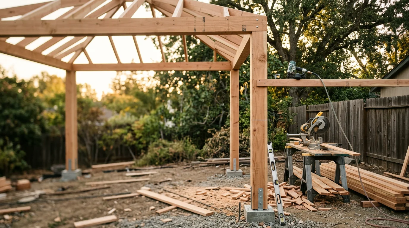 A custom-built residential gazebo with a solid roof standing in a Sacramento-area backyard, surrounded by landscaping and patio seating. The freestanding wood structure is anchored on a concrete foundation and sized to fit the yard's dimensions.